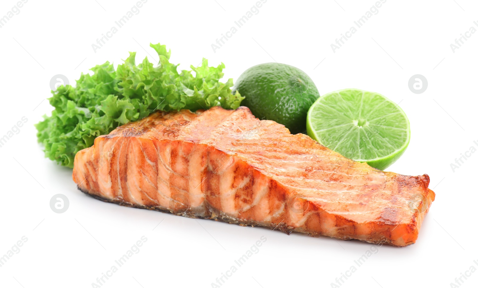 Photo of Delicious grilled salmon fillet with lime and lettuce isolated on white