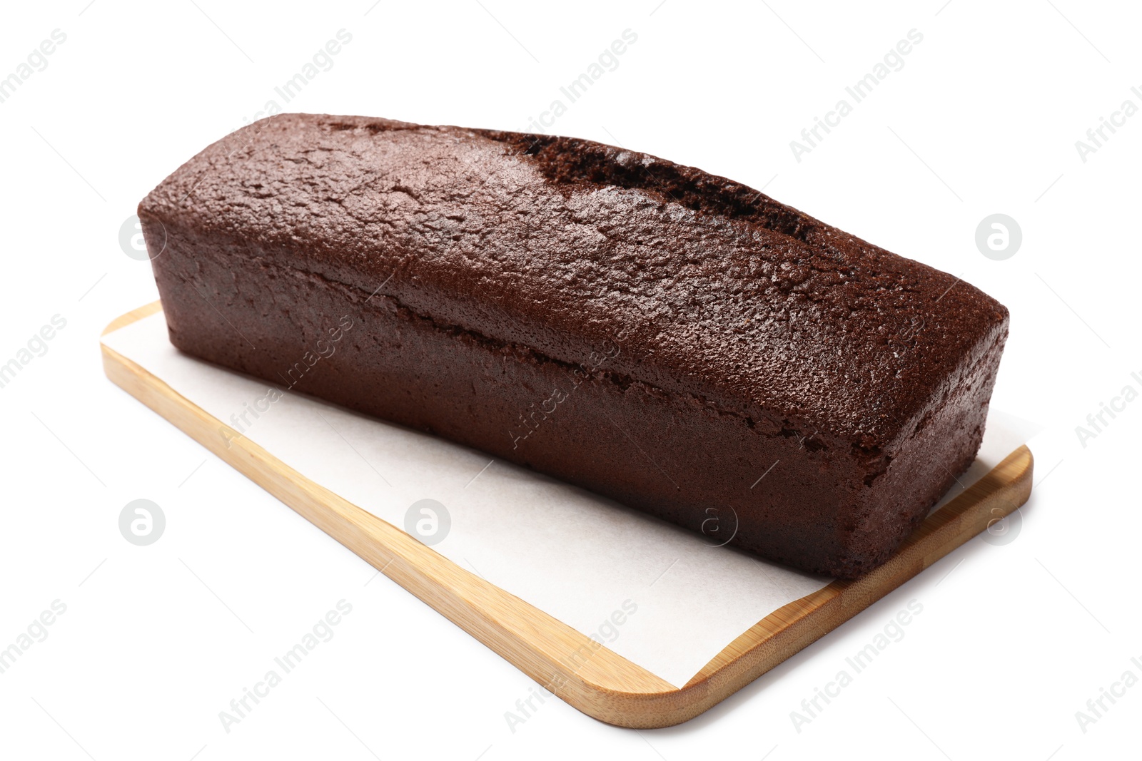 Photo of One tasty chocolate sponge cake isolated on white