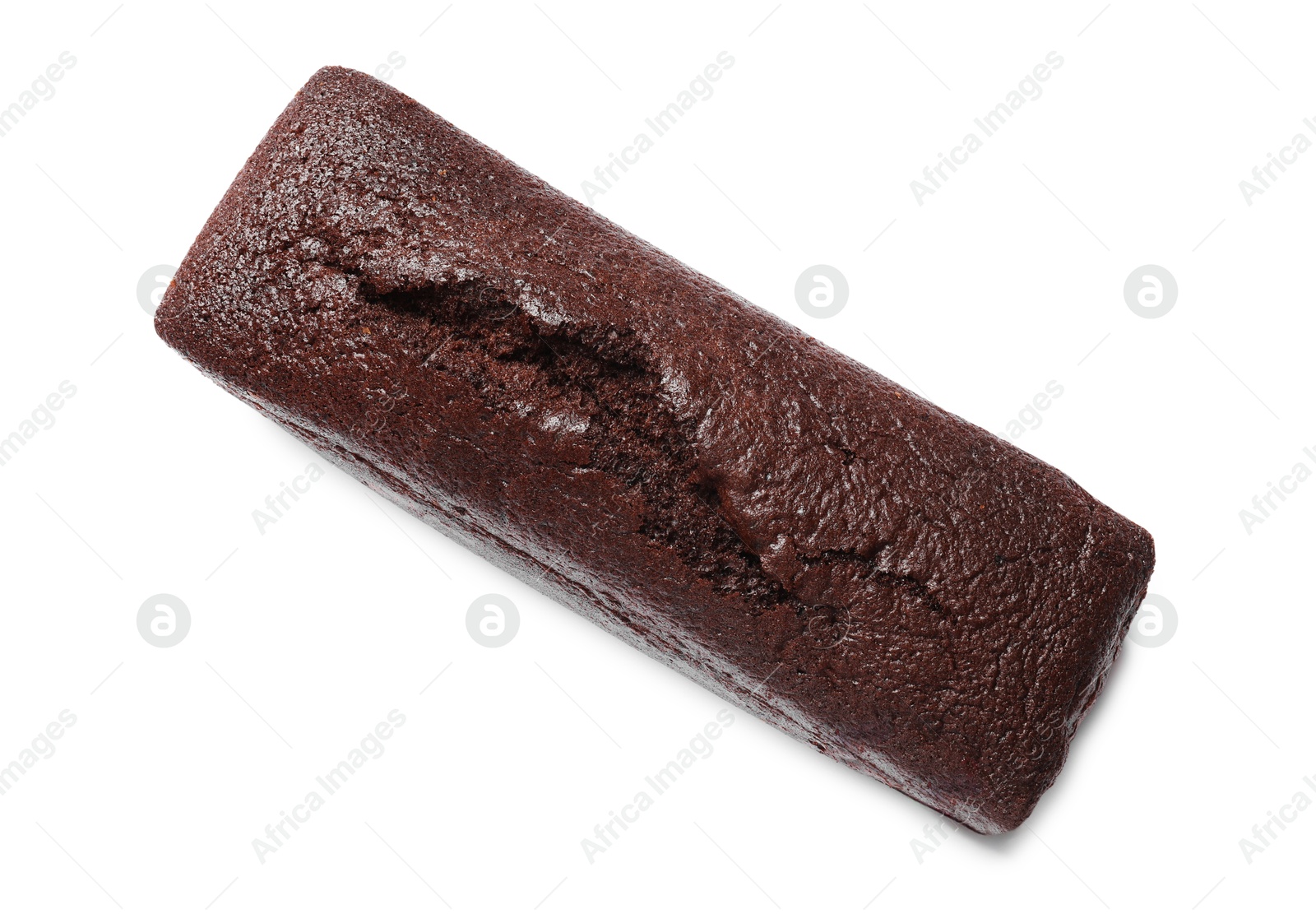 Photo of One tasty chocolate sponge cake isolated on white, top view