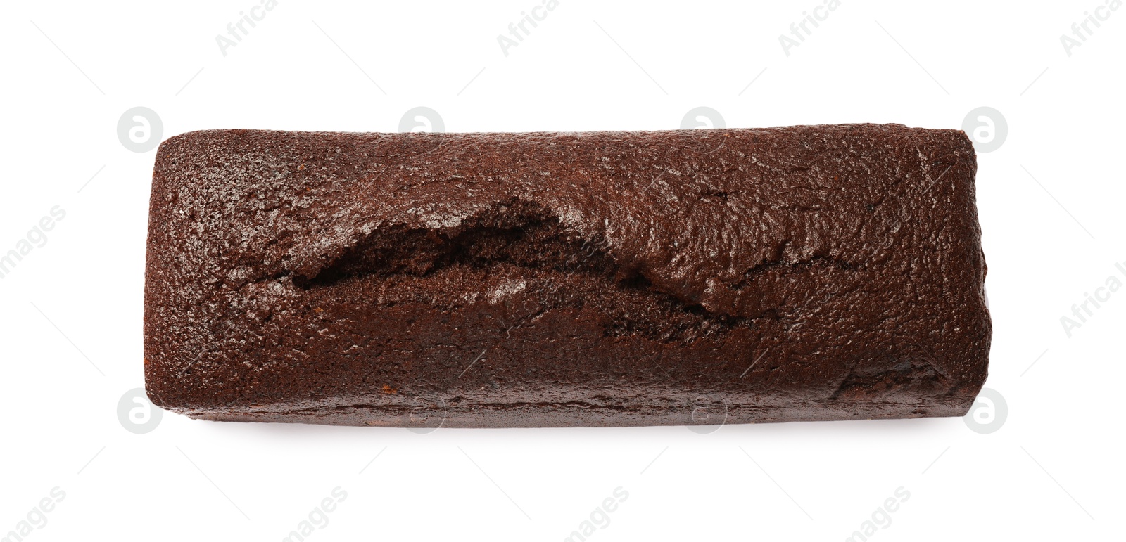 Photo of One tasty chocolate sponge cake isolated on white, top view