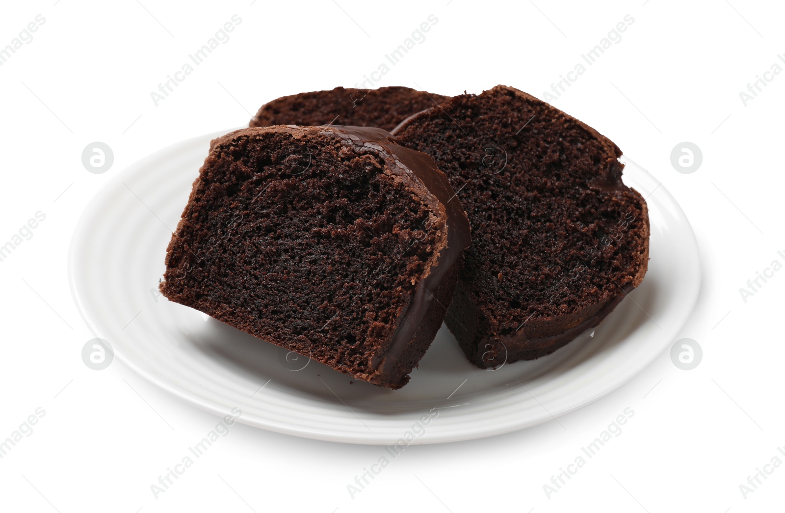 Photo of Slices of tasty chocolate sponge cake isolated on white