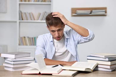 Photo of Overwhelmed student before exam at table among books indoors