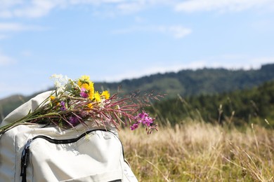 Photo of Bouquet of beautiful flowers and backpack in mountains outdoors, closeup. Space for text