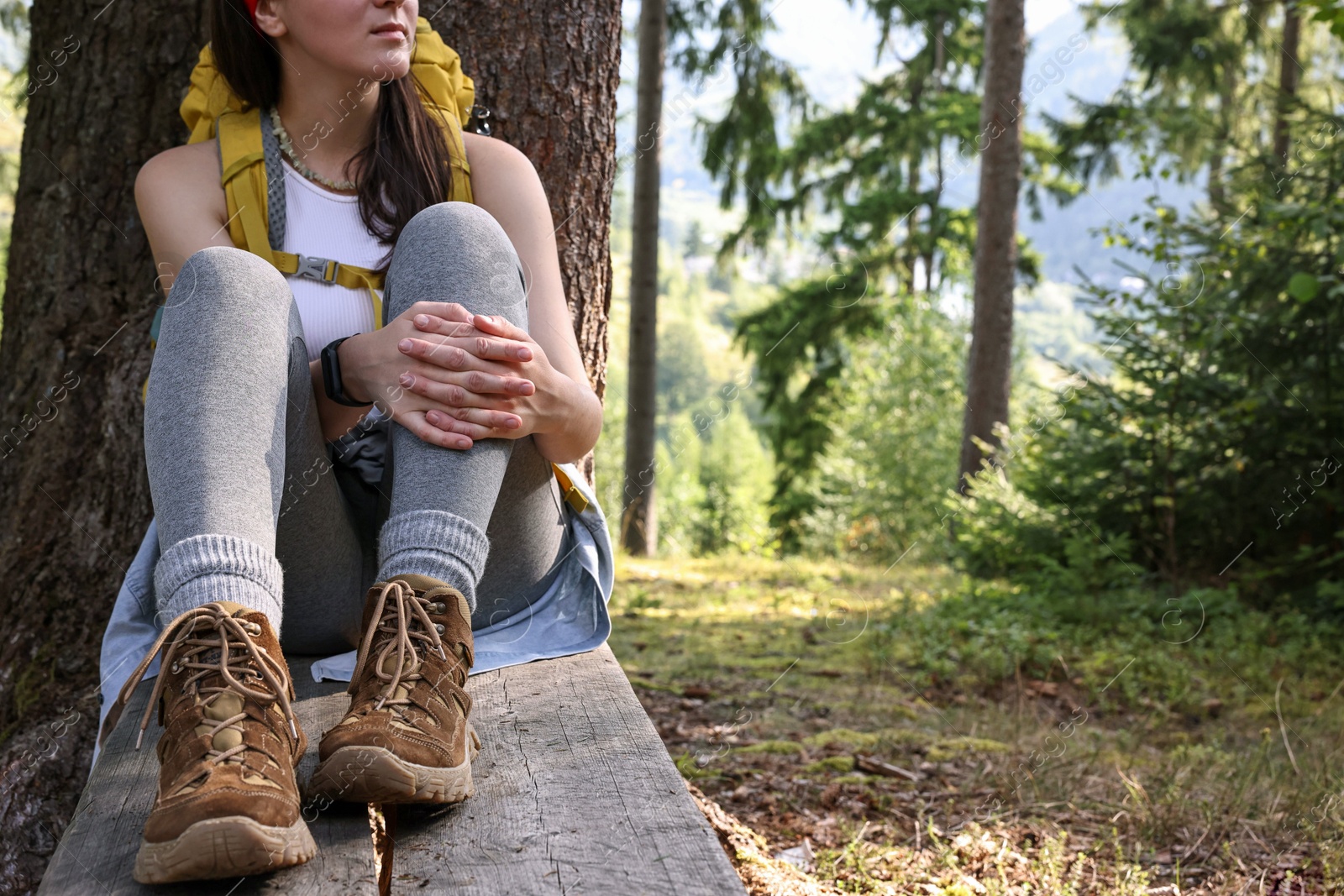 Photo of Young hiker sitting on wooden bench in forest, closeup