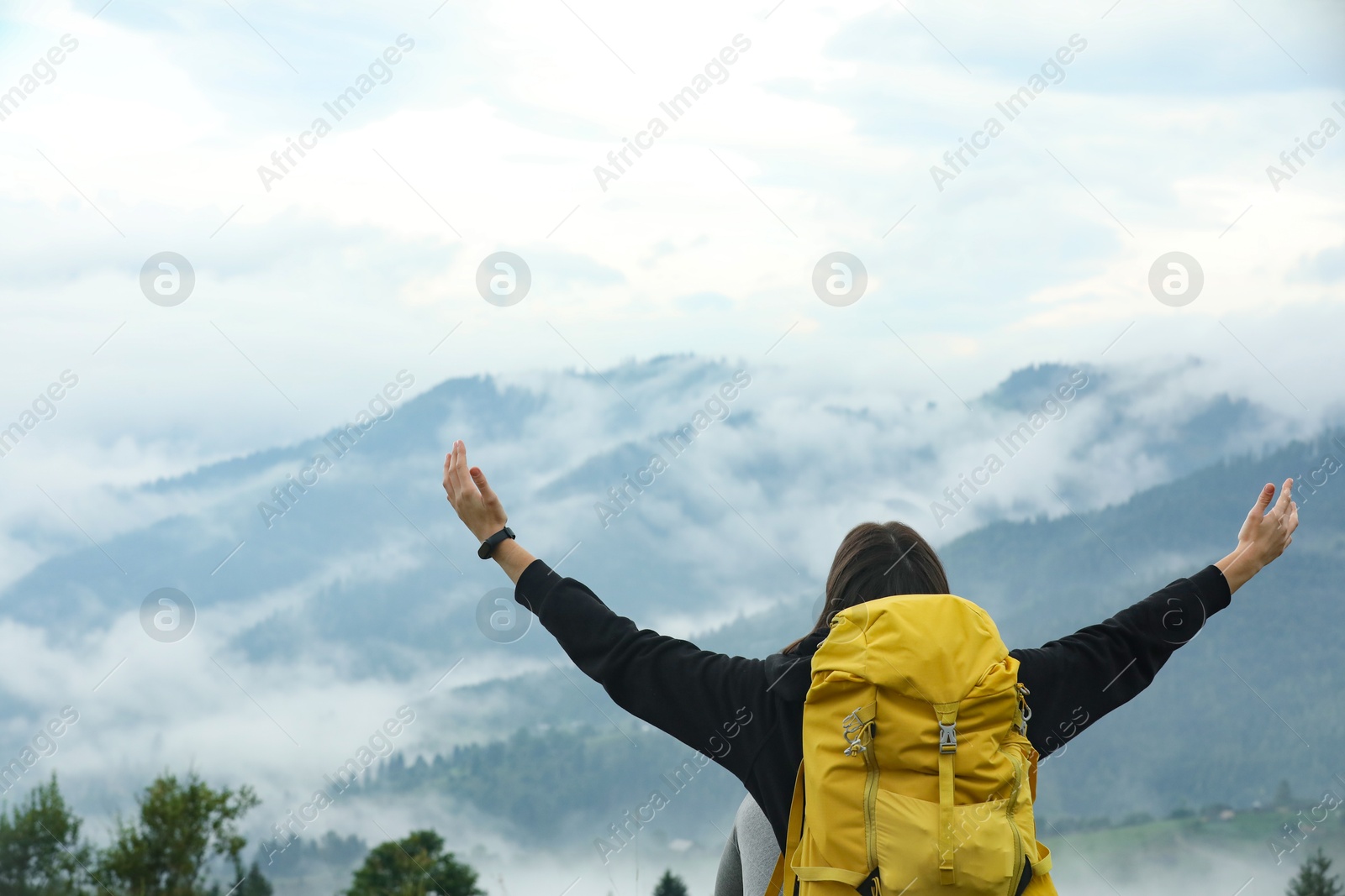 Photo of Young hiker with backpack in mountains, back view. Space for text