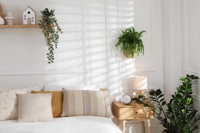 Photo of Stylish bedroom interior with large bed, houseplants and decorative elements