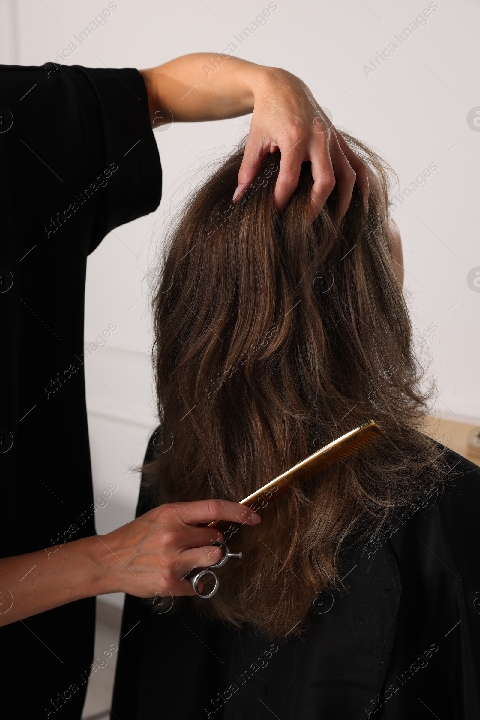 Photo of Hairdresser combing woman's hair in salon, closeup