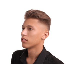 Photo of Handsome young man with stylish haircut on white background