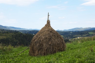 Photo of Pile of hay on field in mountains