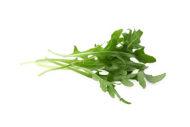 Photo of Many fresh arugula leaves on white background