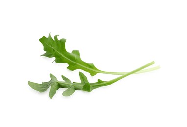 Photo of Two fresh arugula leaves on white background