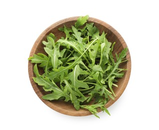 Photo of Fresh arugula leaves in bowl isolated on white, top view