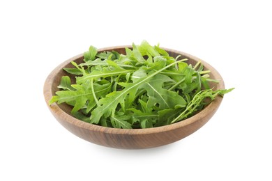 Photo of Fresh arugula leaves in bowl isolated on white