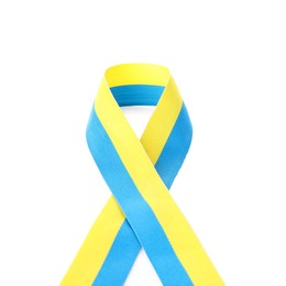 Photo of Ribbon in colors of Ukrainian national flag isolated on white, top view