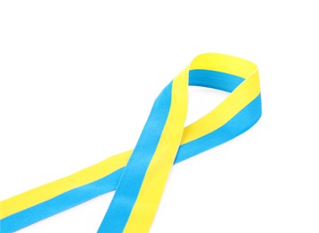 Photo of Ribbon in colors of Ukrainian national flag isolated on white