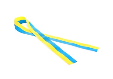 Photo of Ribbon in colors of Ukrainian national flag isolated on white