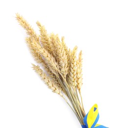 Photo of Ears of wheat with ribbon in colors of Ukrainian national flag isolated on white