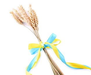 Photo of Ears of wheat with ribbons in colors of Ukrainian national flag isolated on white