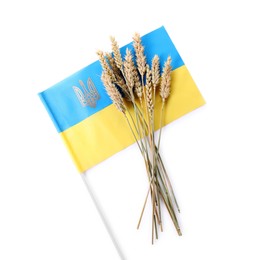 Ears of wheat and Ukrainian national flag isolated on white, top view