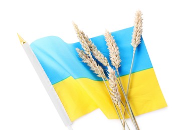 Photo of Ears of wheat and Ukrainian national flag isolated on white