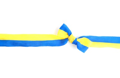 Ribbon with bow in colors of Ukrainian national flag isolated on white, top view