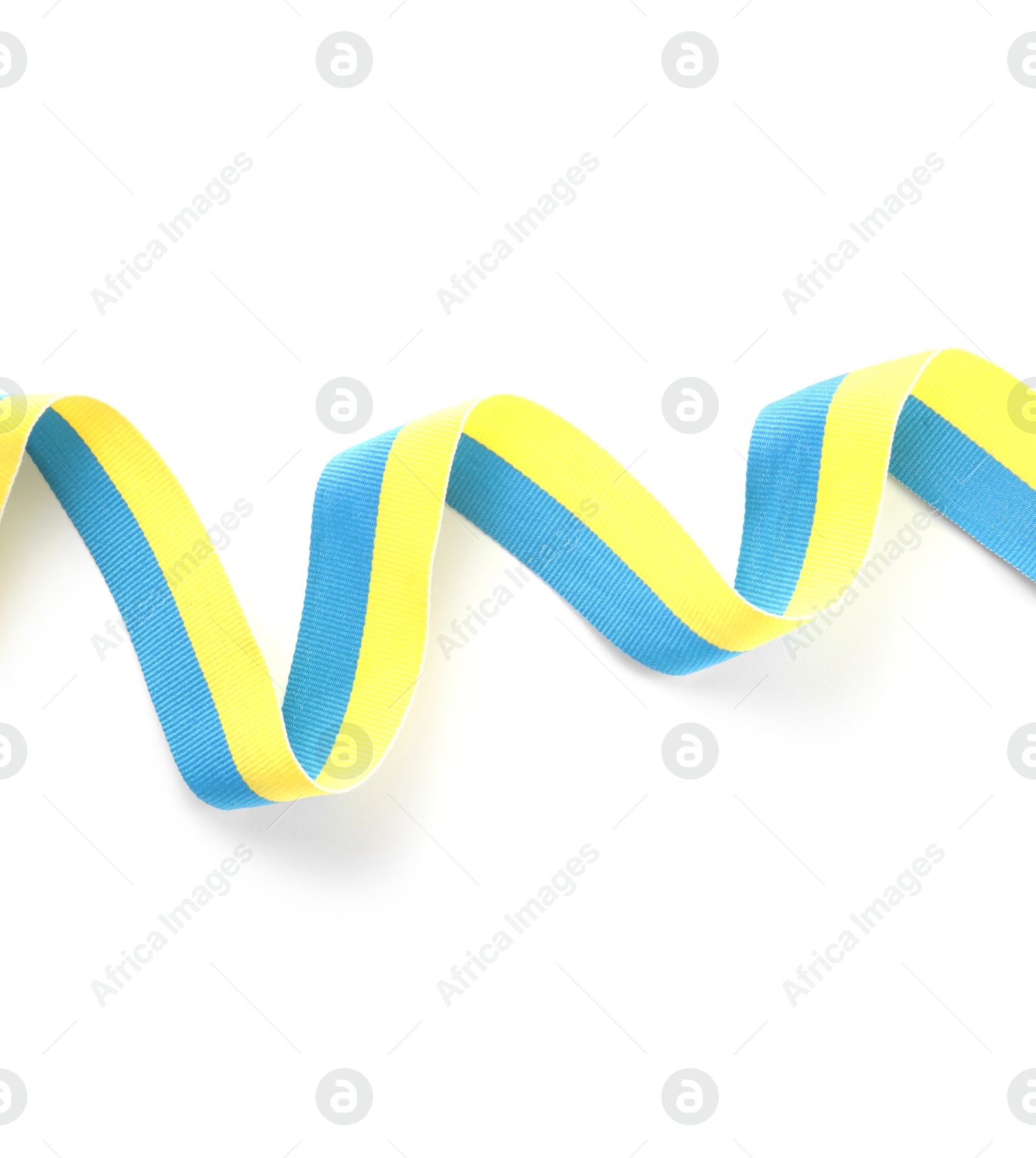 Photo of Ribbon in colors of Ukrainian national flag isolated on white, top view