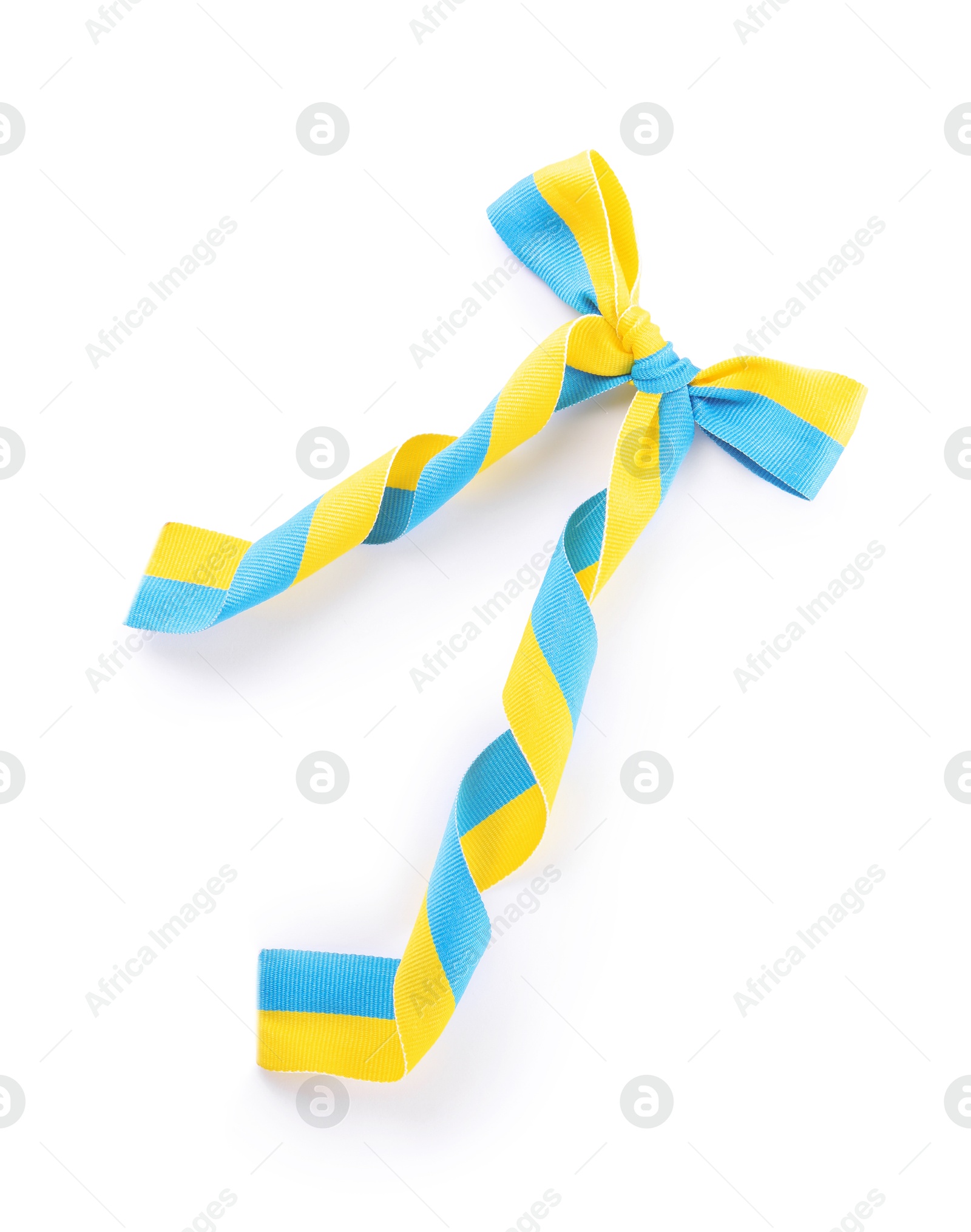 Photo of Ribbon with bow in colors of Ukrainian national flag isolated on white, top view