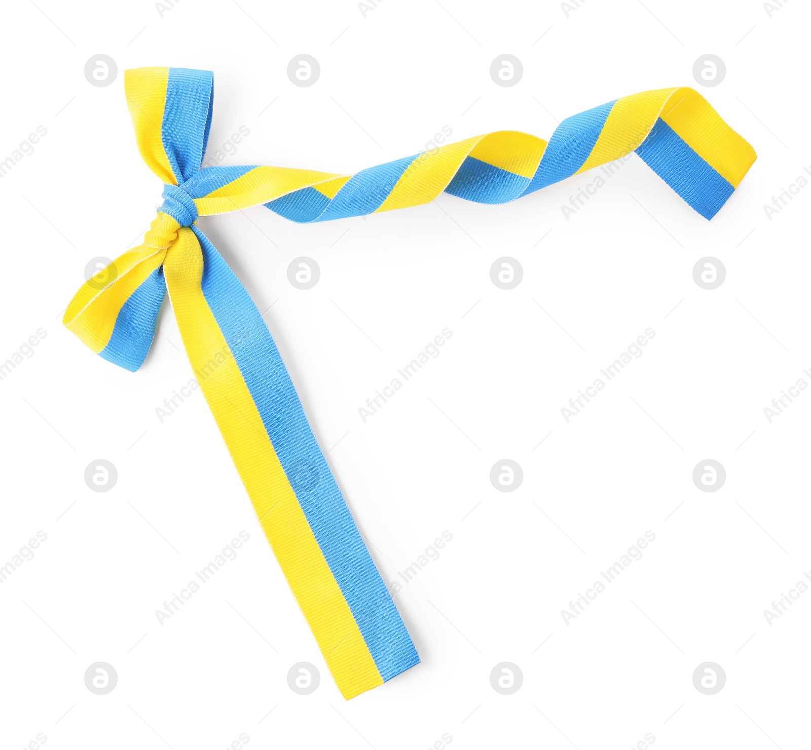 Photo of Ribbon with bow in colors of Ukrainian national flag isolated on white, top view