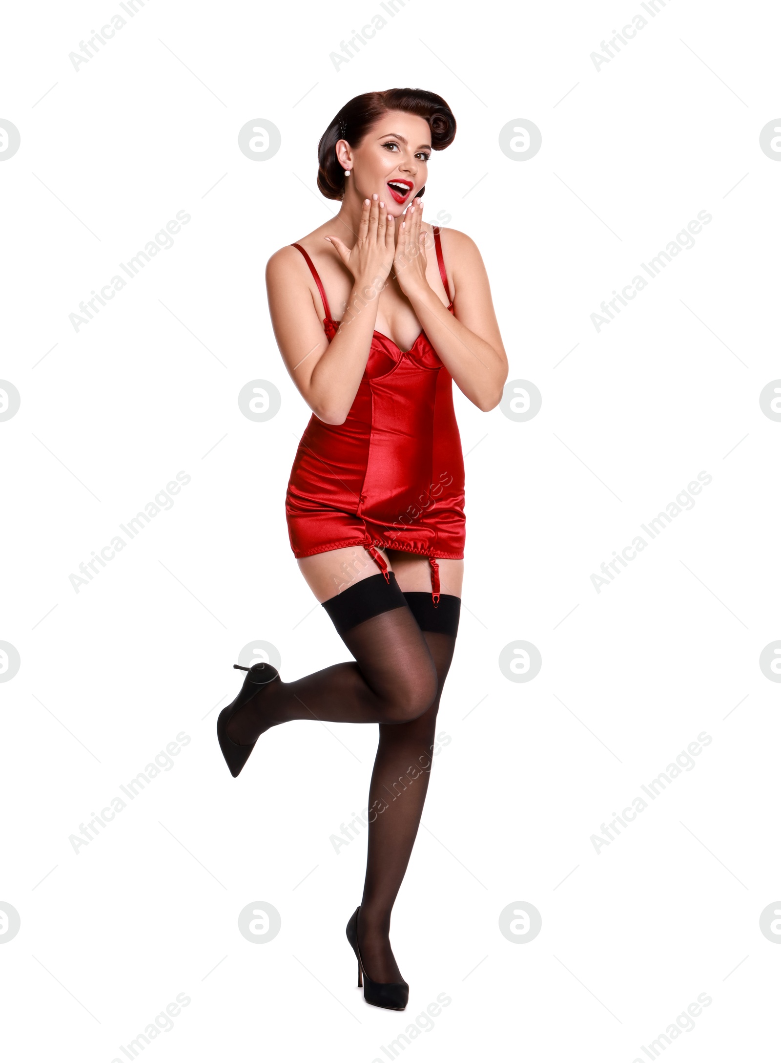 Photo of Pin-up woman in red underwear on white background