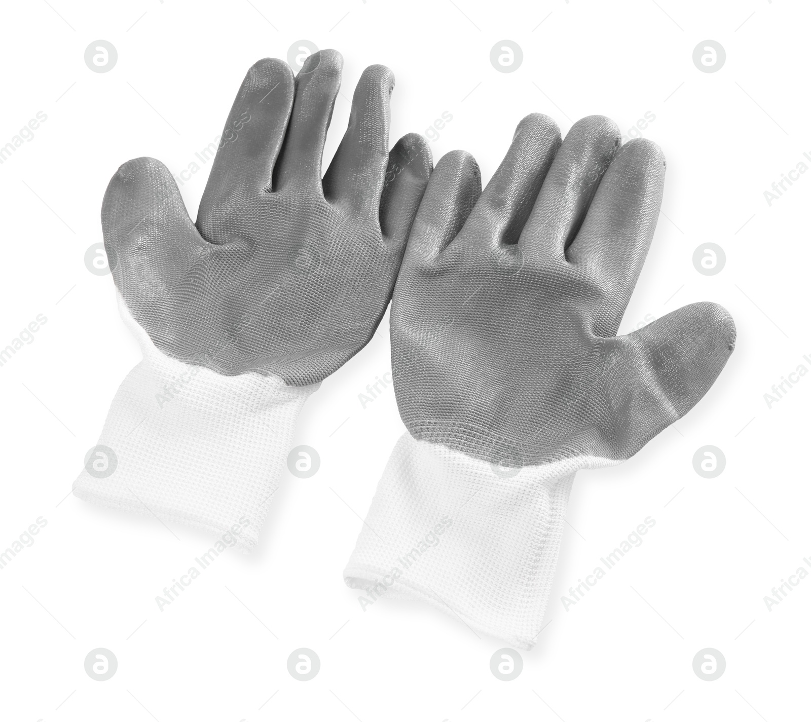 Photo of Protective gloves isolated on white, top view. Safety equipment