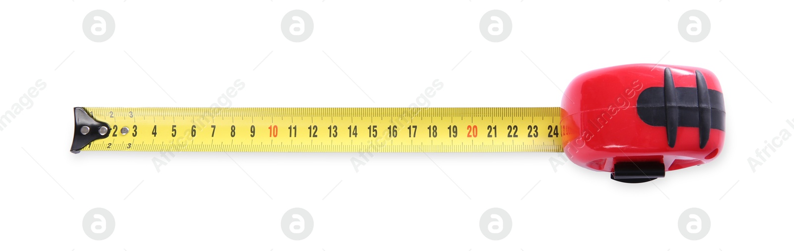 Photo of One measuring tape isolated on white, top view