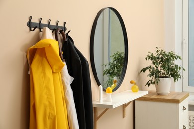 Coat rack with clothes, mirror, houseplant and chest of drawers in hallway. Interior design