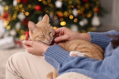 Woman with cute ginger cat against blurred Christmas lights indoors, closeup