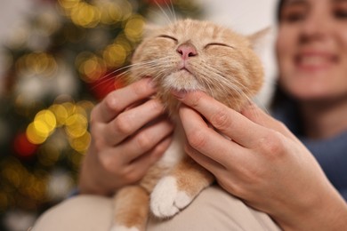 Photo of Woman petting cute ginger cat against blurred Christmas lights, selective focus