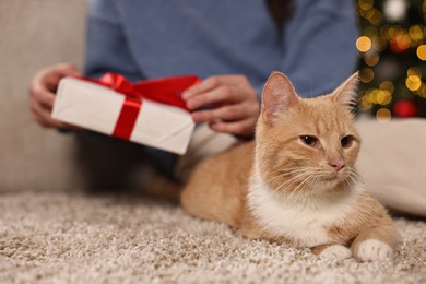 Photo of Woman with Christmas gift and cute ginger cat lying on rug indoors, closeup