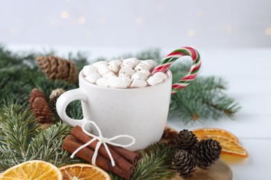 Photo of Yummy cocoa with marshmallows and candy cane in cup, dried orange slices, cinnamon sticks and fir tree branches on white table, closeup