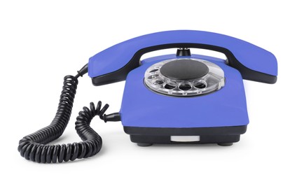 Image of Old blue telephone with rotary dial isolated on white