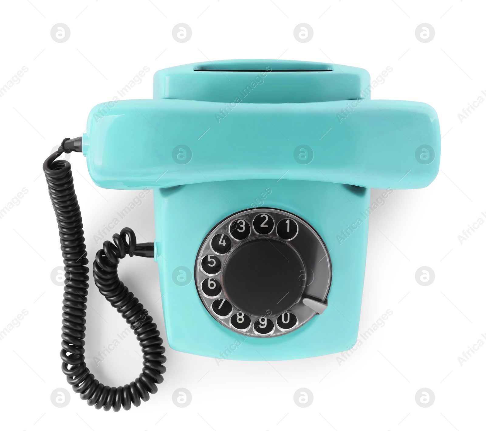 Image of Old light blue telephone with rotary dial isolated on white, top view