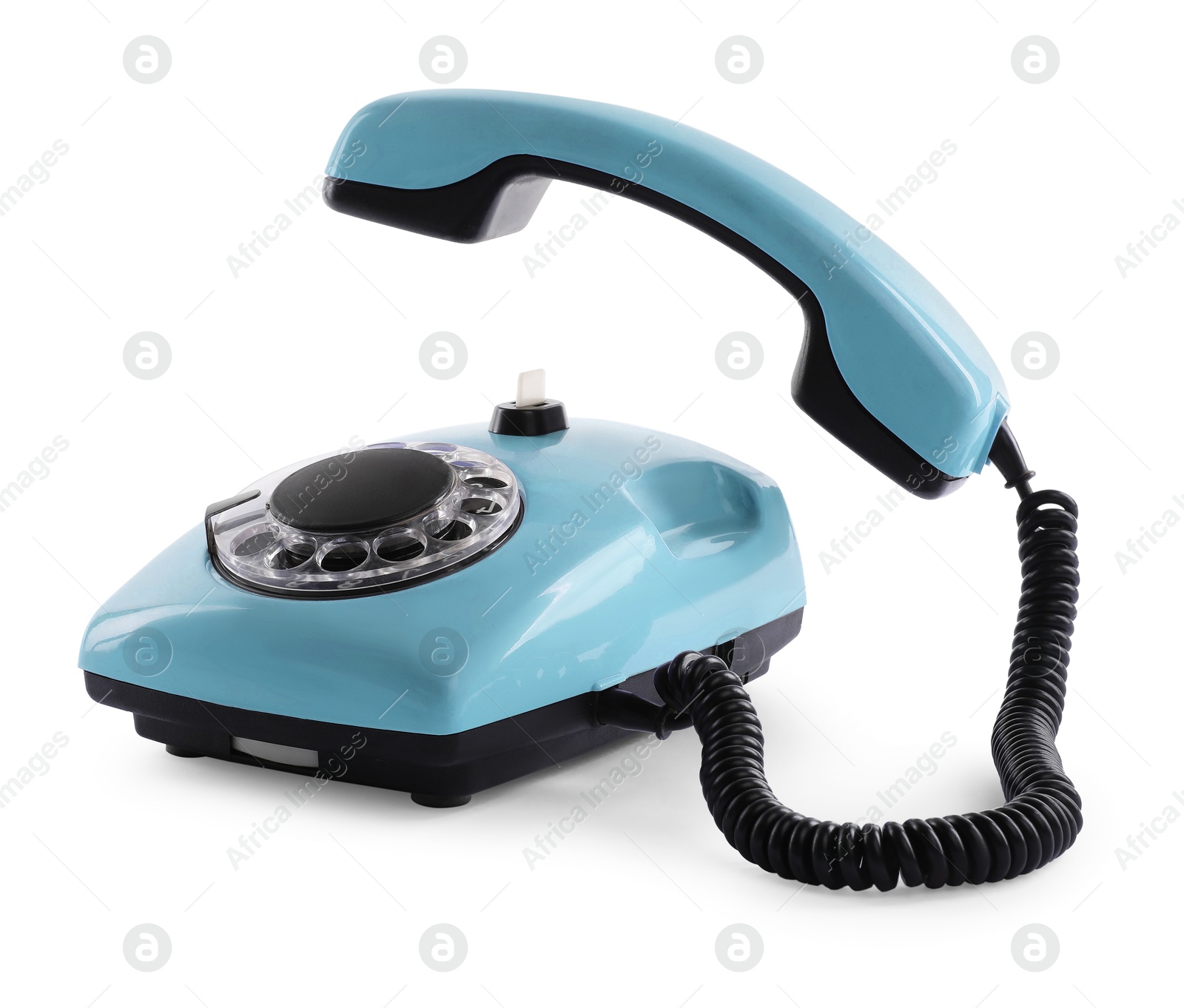 Image of Old light blue telephone with rotary dial isolated on white