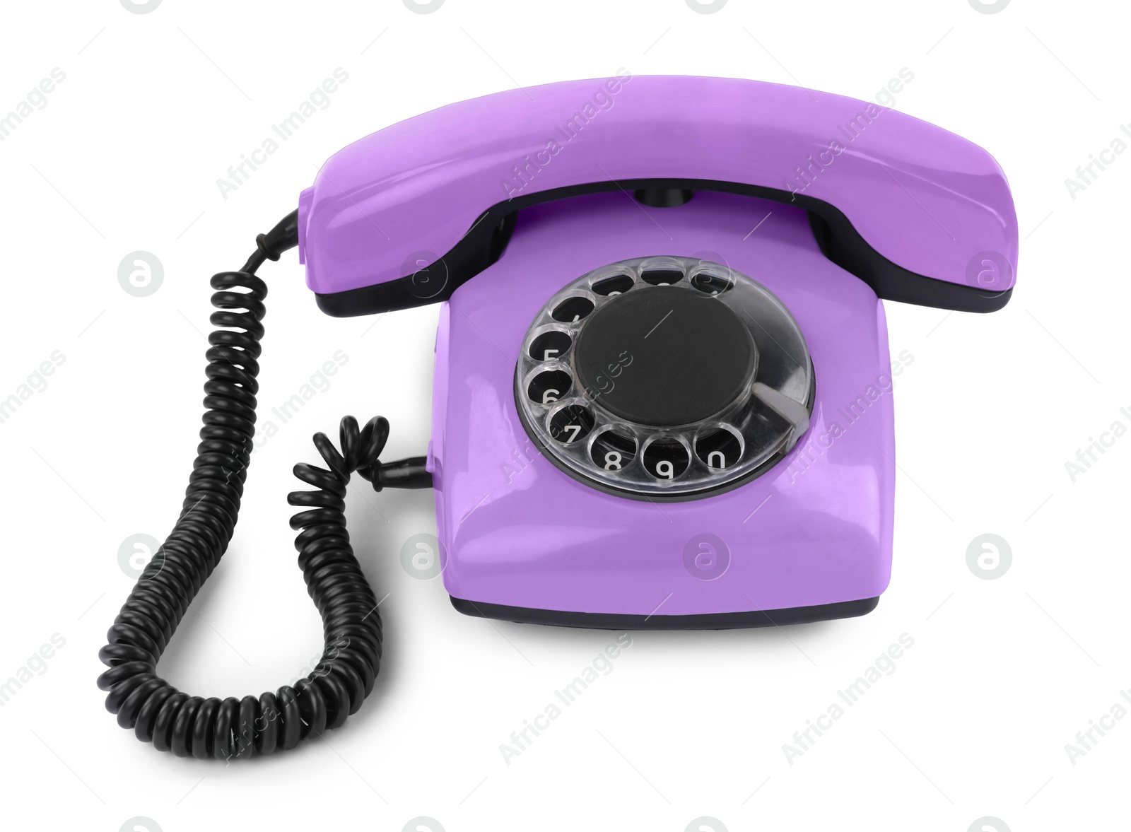 Image of Old violet telephone with rotary dial isolated on white