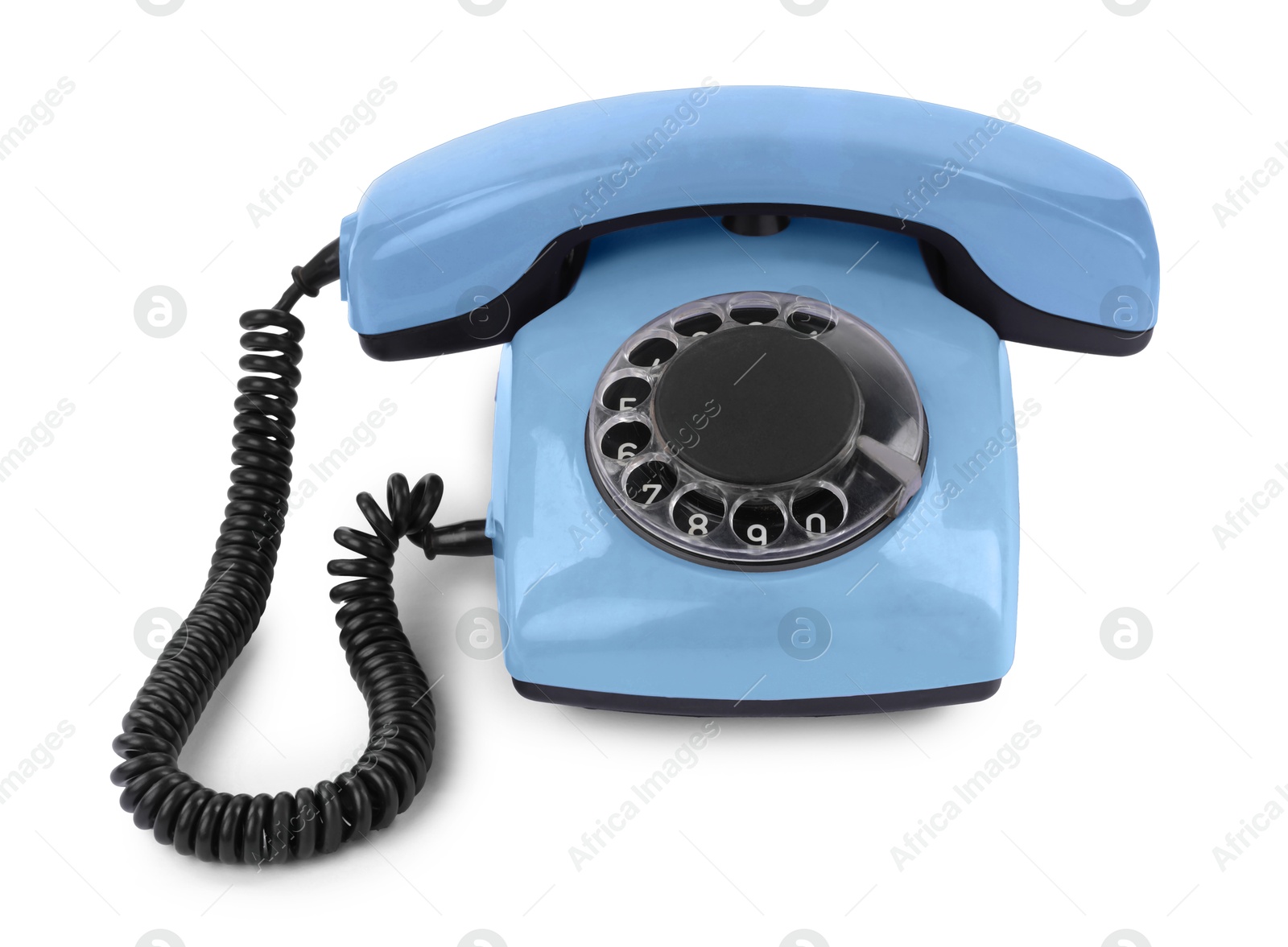 Image of Old light blue telephone with rotary dial isolated on white