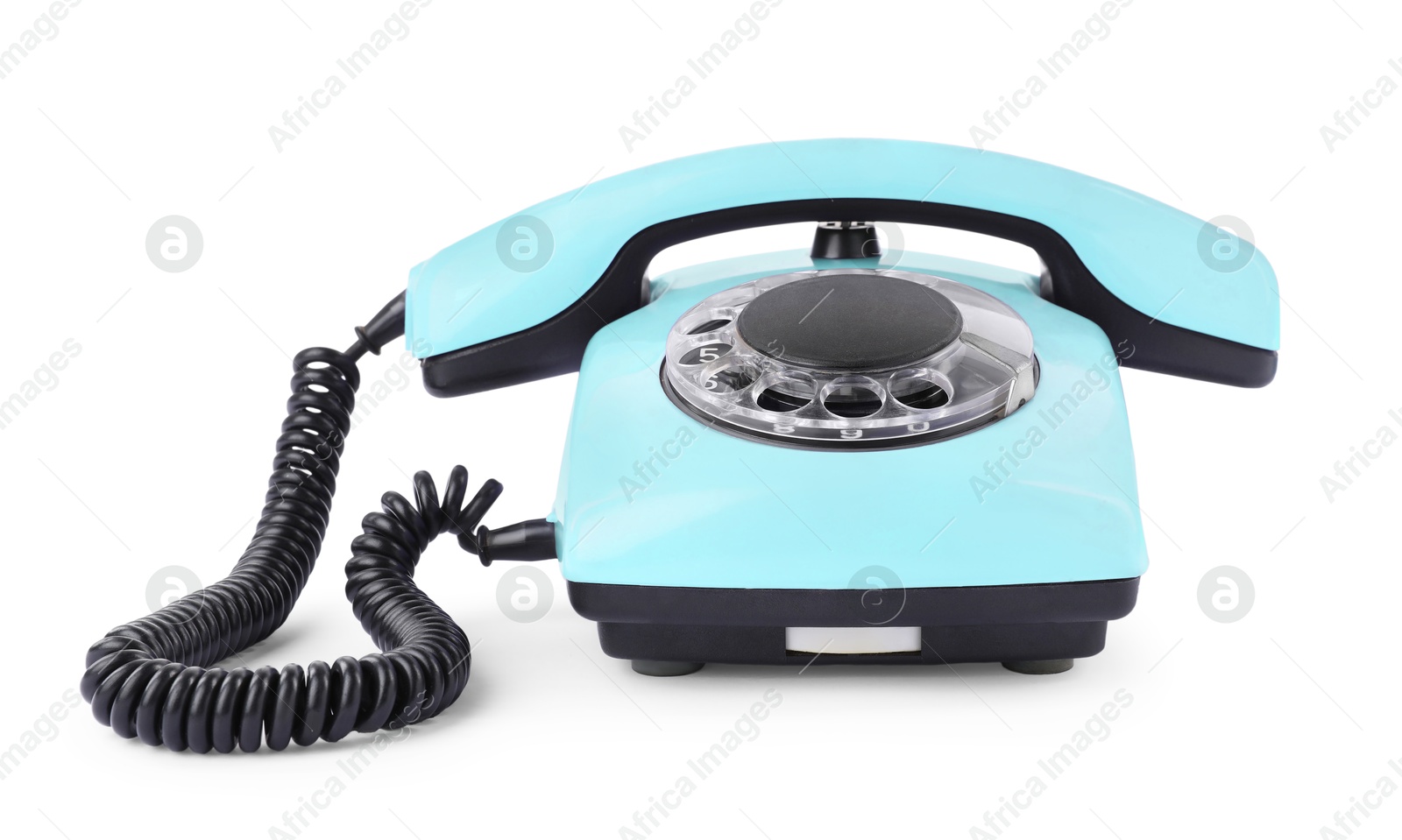 Image of Old light blue telephone with rotary dial isolated on white