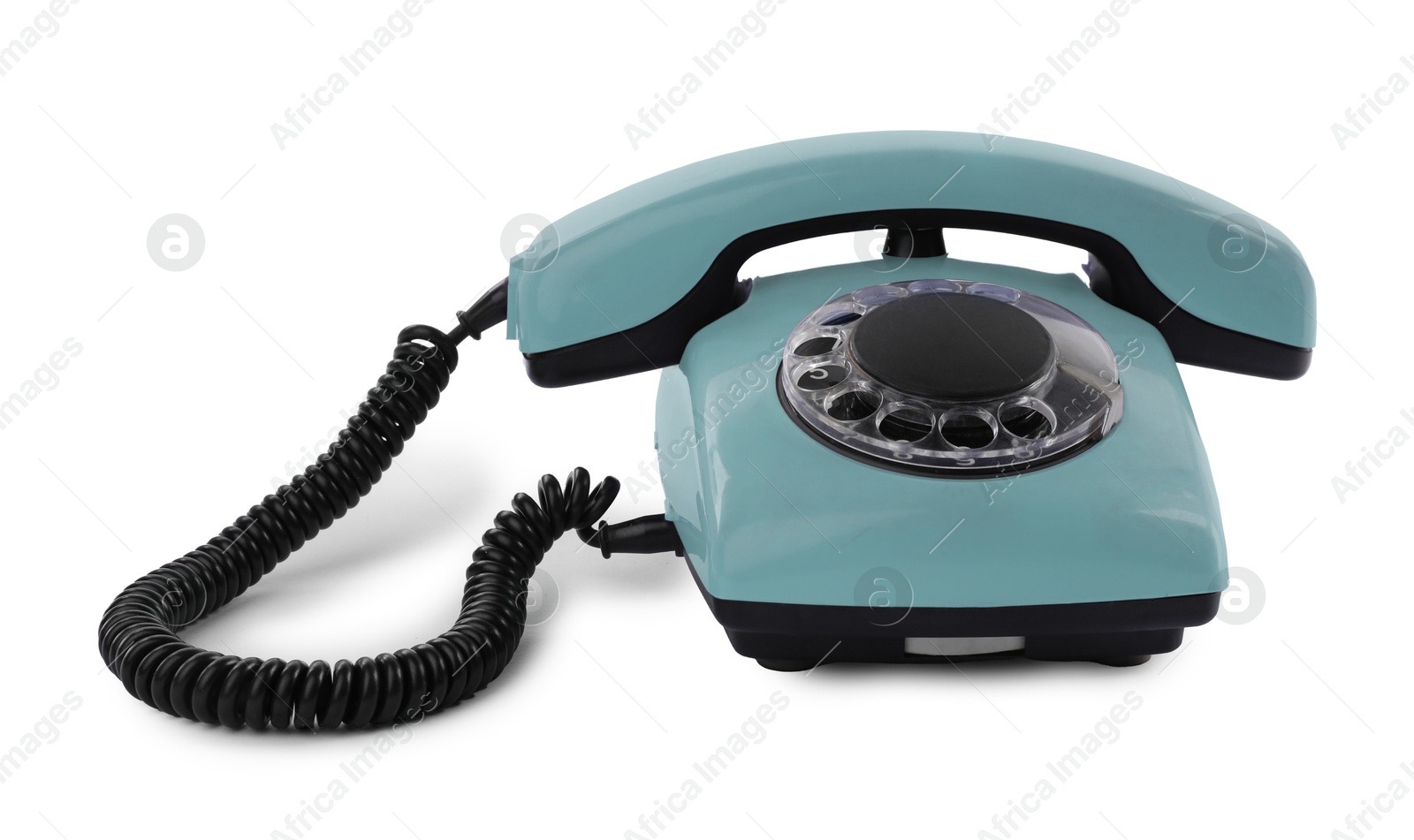 Image of Old light blue telephone with rotary dial isolated on white