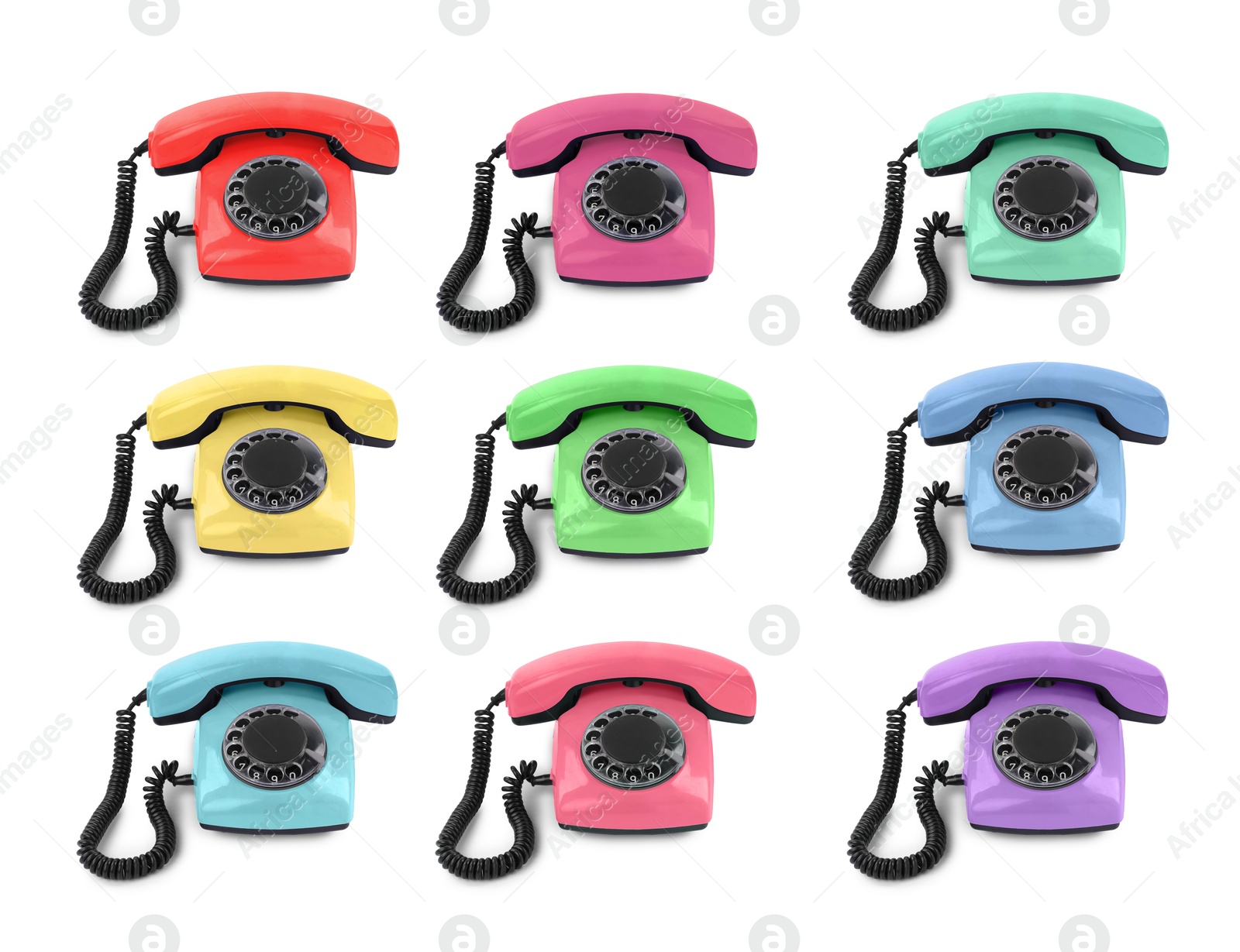 Image of Old telephone with rotary dial of different colors isolated on white, set