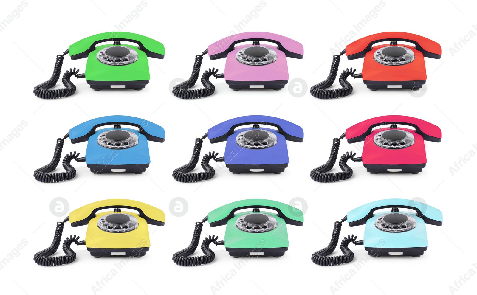 Image of Old telephone with rotary dial of different colors isolated on white, set