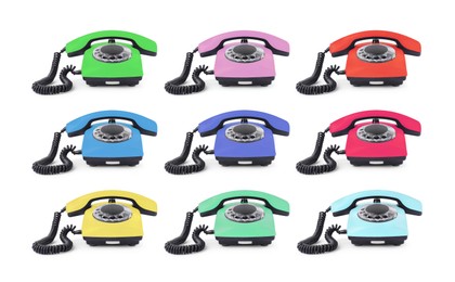 Image of Old telephone with rotary dial of different colors isolated on white, set