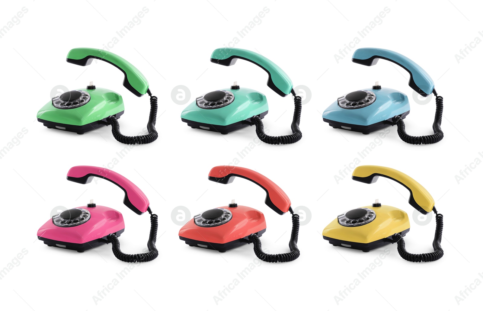 Image of Old telephone with rotary dial of different colors isolated on white, set