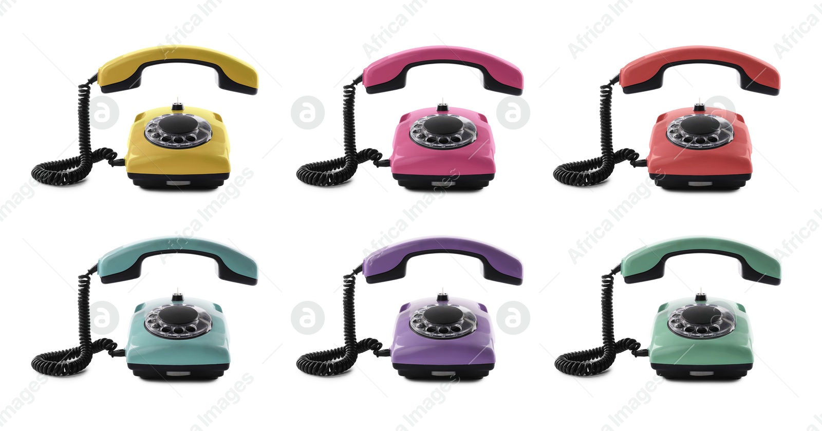 Image of Old telephone with rotary dial of different colors isolated on white, set