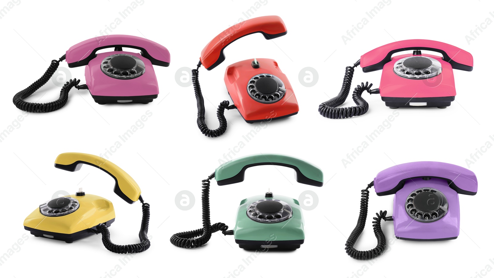 Image of Old telephone with rotary dial of different colors isolated on white, set