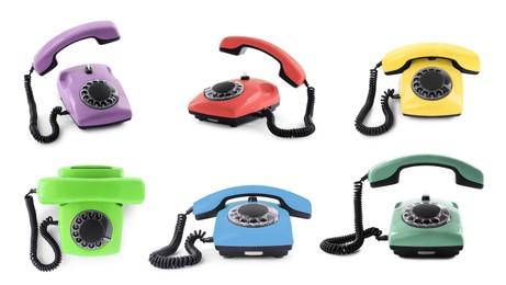 Image of Old telephone with rotary dial of different colors isolated on white, set